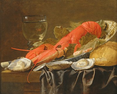 Still life with lobster, shrimp, roemer, oysters and bread by Christiaan Luykx or Luycks